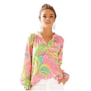 NWOT Lilly Pulitzer Elsa Silk Blouse in All Nighter size XS/S Pink